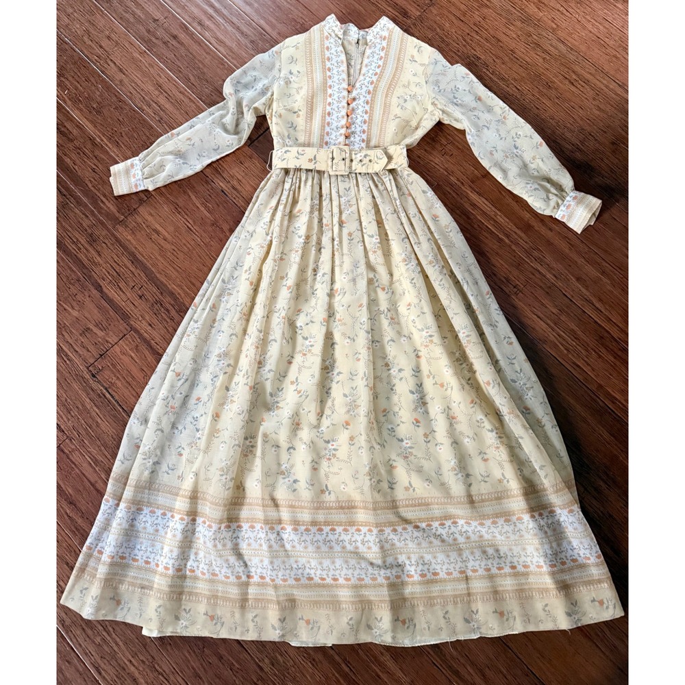 Vintage 70s Prairie Maxi Dress Cream Orange Belted Cottagecore Long Sleeve